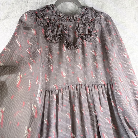 Free People Dresses & Skirts - Free People Rosette Ruffle Neck Long Sleeve Mini Dress Gray Romantic Floral 0 XS